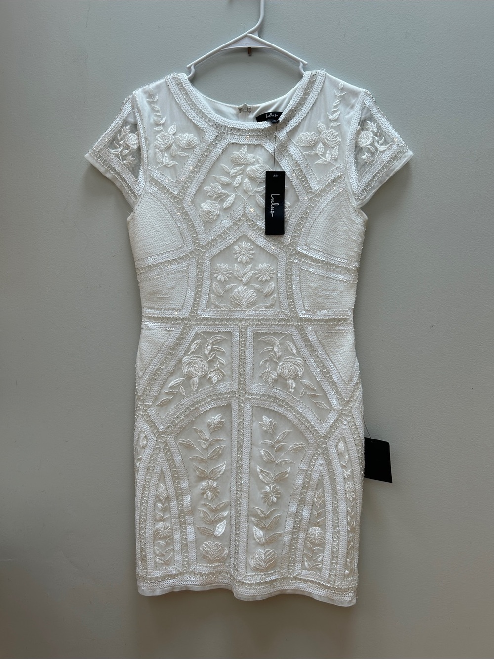 Lulu's White Embroidered Sequin Short Sleeve Mini Dress